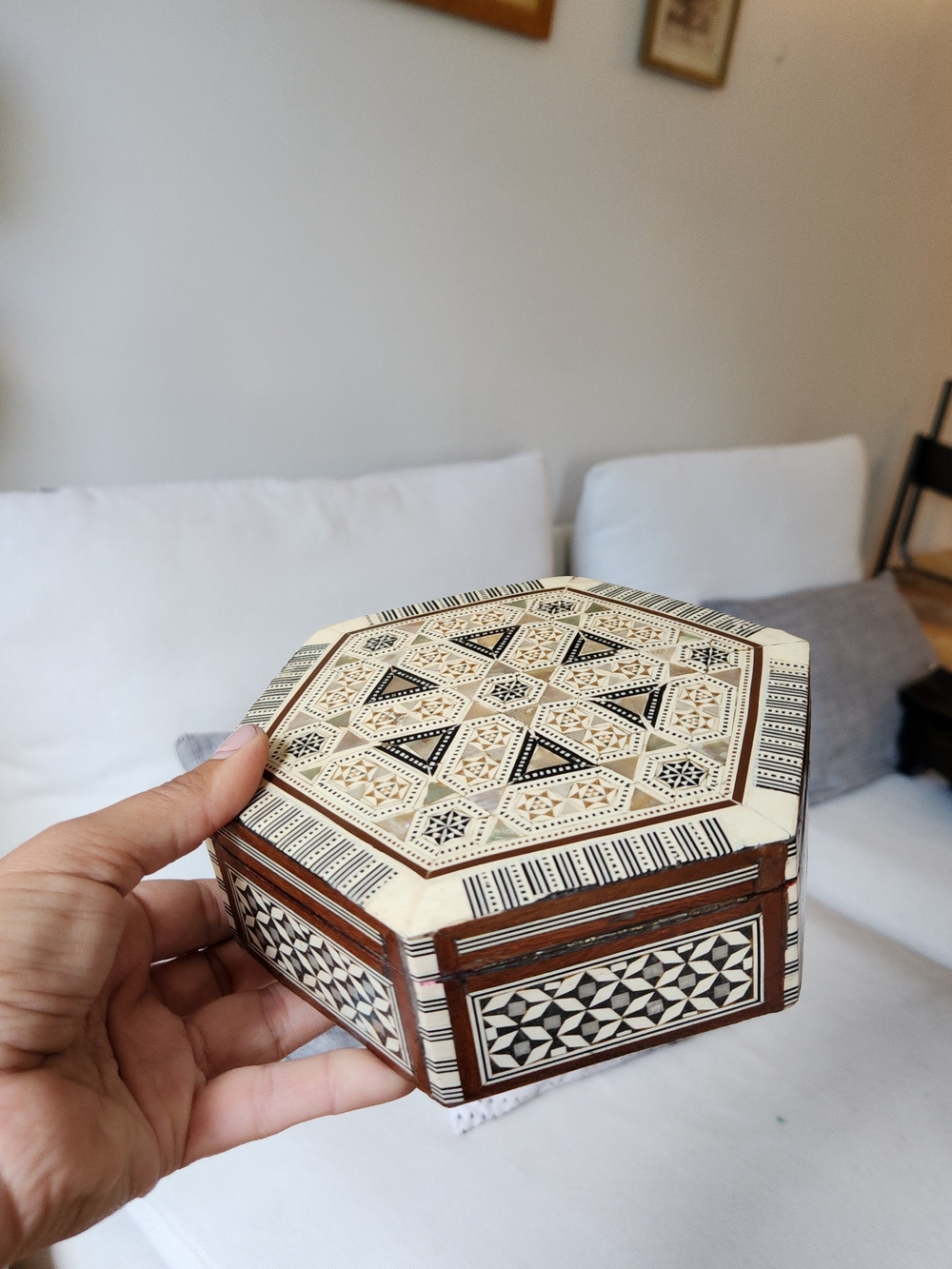 Hexagonal Inlaid Decorative Box - Ivory and Dark Wood